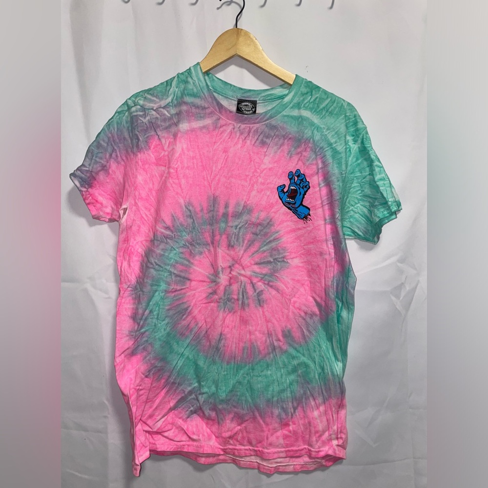 Pink and teal tie dye Santa Cruz shirt.
